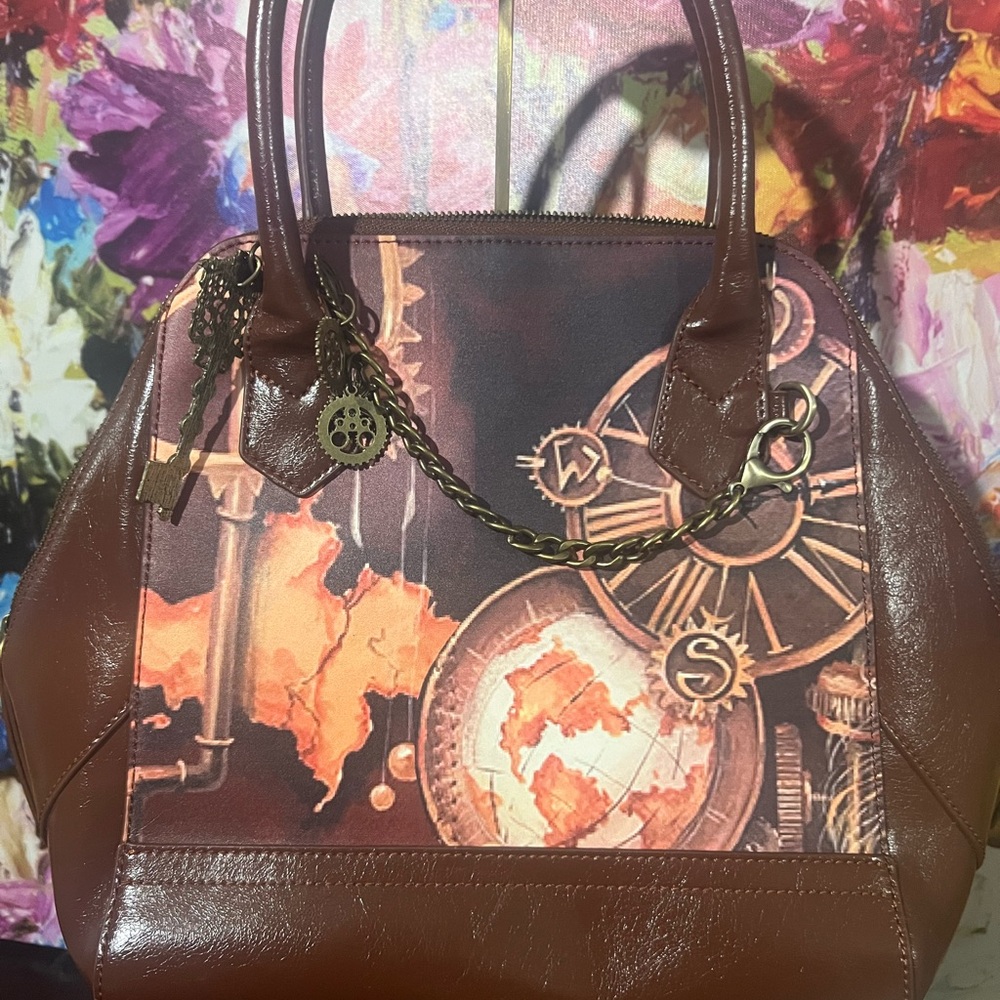 Sharif Brown Travel-Map Satchel Handbag